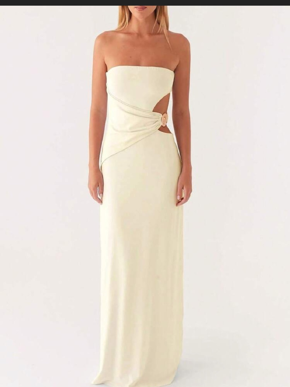 Peppermayo Strapless Cream Maxi Dress with Side Knot Cutout